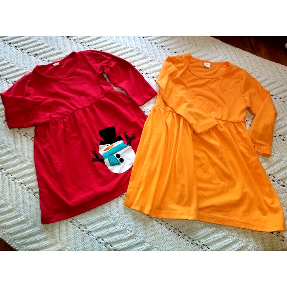 Girls Size 110 (4) Fall Winter Dress Lot Orange Red With Snowman - Picture 1 of 3